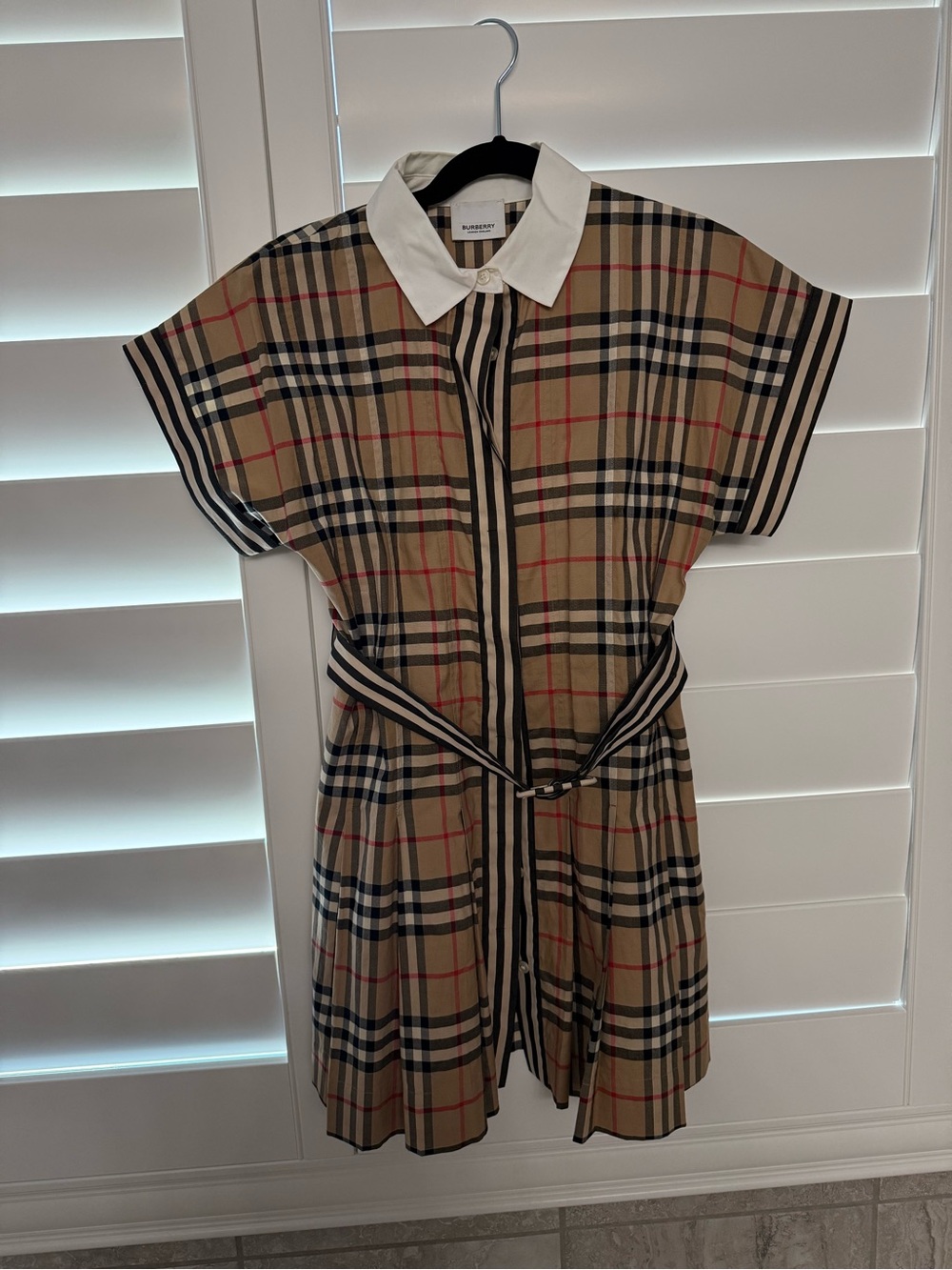 Burberry Kids Beige Plaid Shirt Dress with White Collar